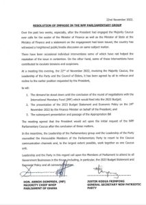 Image of letter from majority caucus in parliament