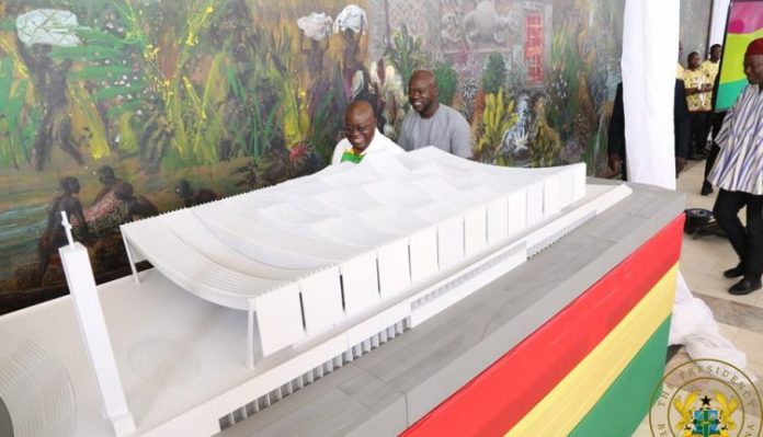 Image of Akufo-Addo and David Adjaye inspect the prototype of the National Cathedral