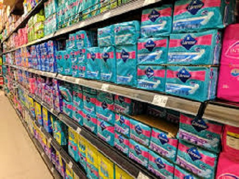 Image of Variety of sanitary pads in a departmental store