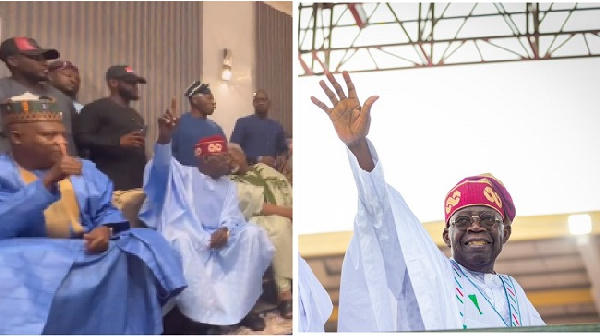 Image of Tinubu in red cap with VP-elect (l), Tinubu at final rally in Lagos